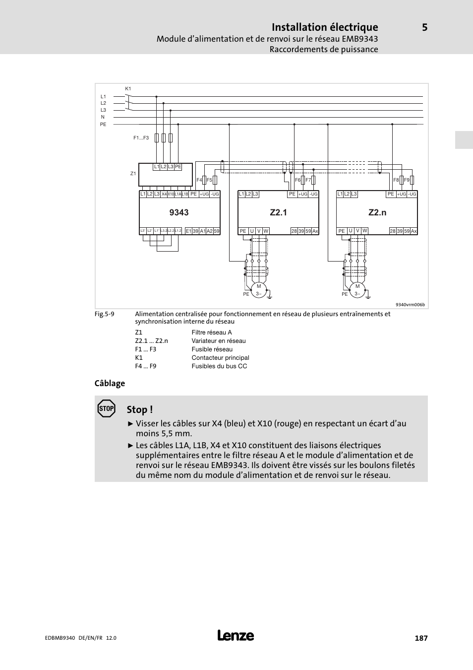 Installation électrique, Stop, Câblage | Lenze EMB934x User Manual | Page 187 / 206