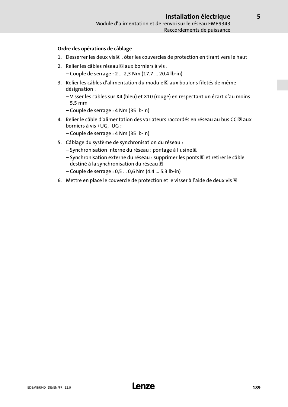 Installation électrique | Lenze EMB934x User Manual | Page 189 / 206