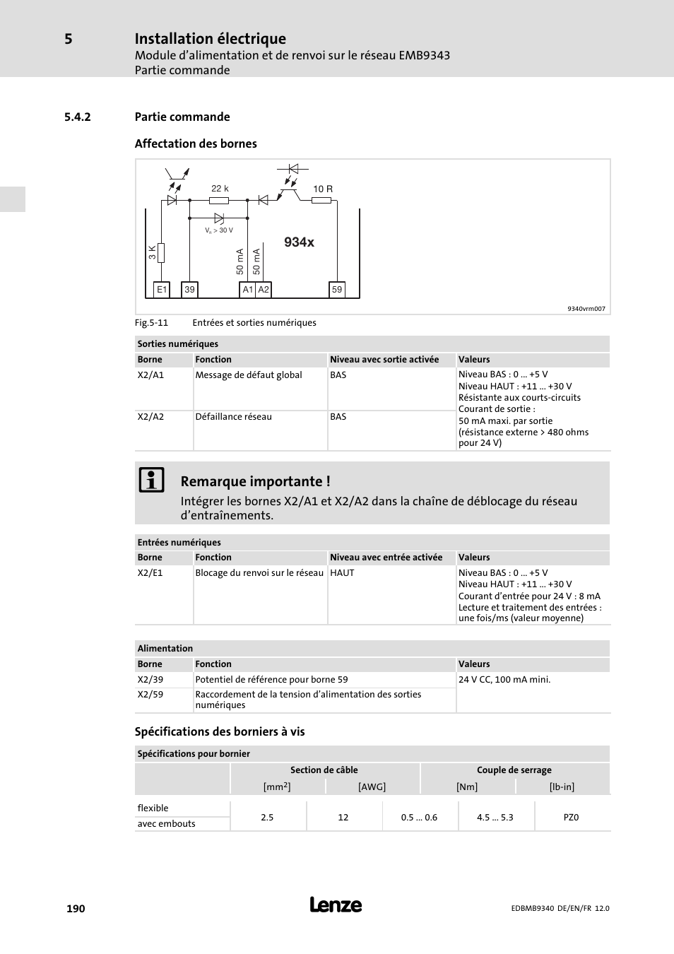 Partie commande, Installation électrique, Remarque importante | 934x | Lenze EMB934x User Manual | Page 190 / 206