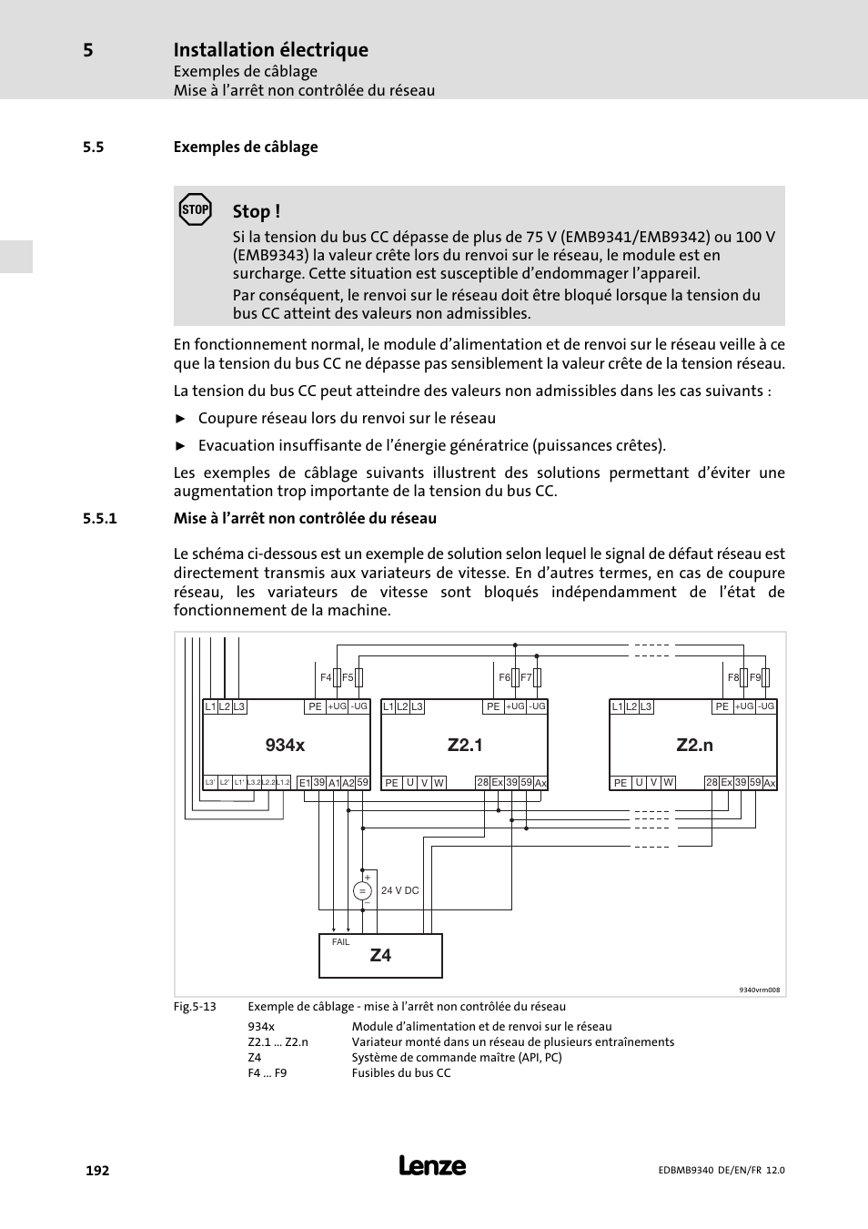 Exemples de câblage, Mise à l'arrêt non contrôlée du réseau, 5 exemples de câblage | Mise à l’arrêt non contrôlée du réseau, Installation électrique, Stop, Coupure réseau lors du renvoi sur le réseau | Lenze EMB934x User Manual | Page 192 / 206