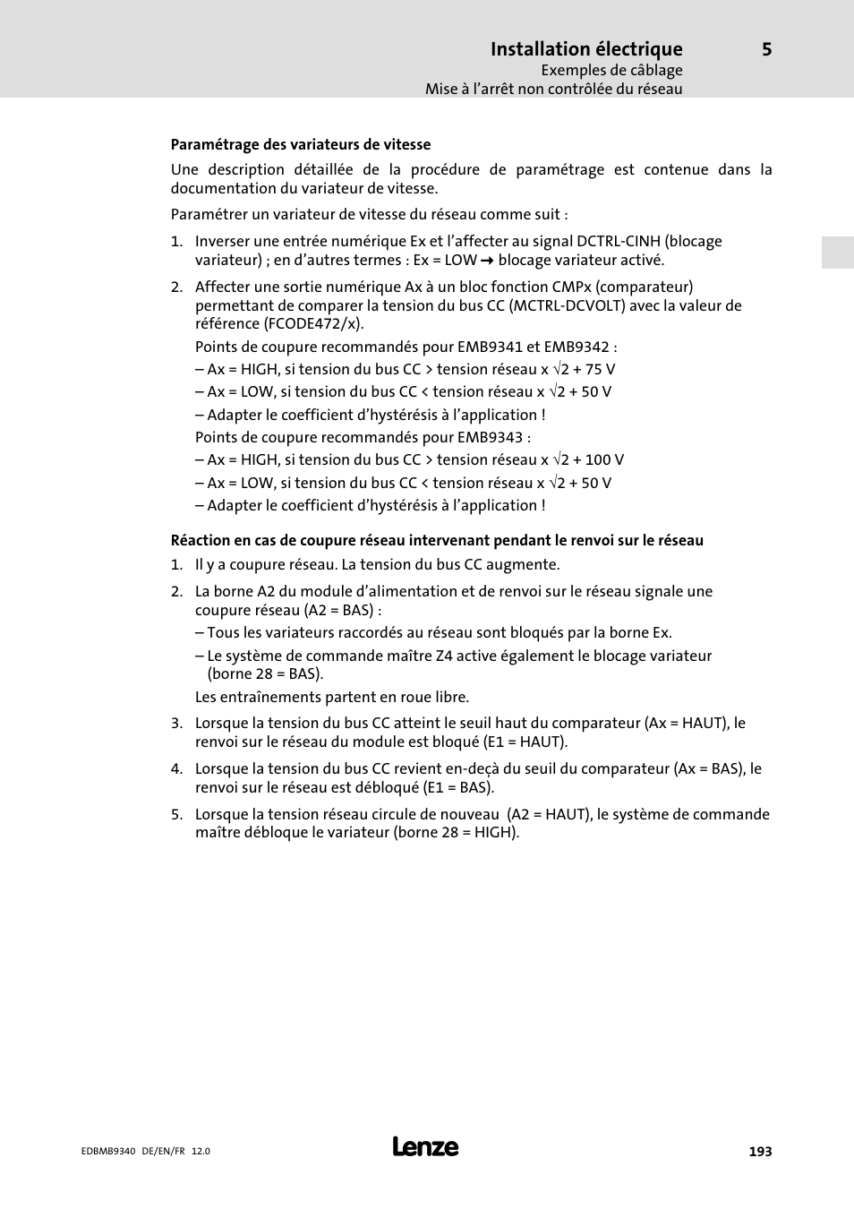 Installation électrique | Lenze EMB934x User Manual | Page 193 / 206