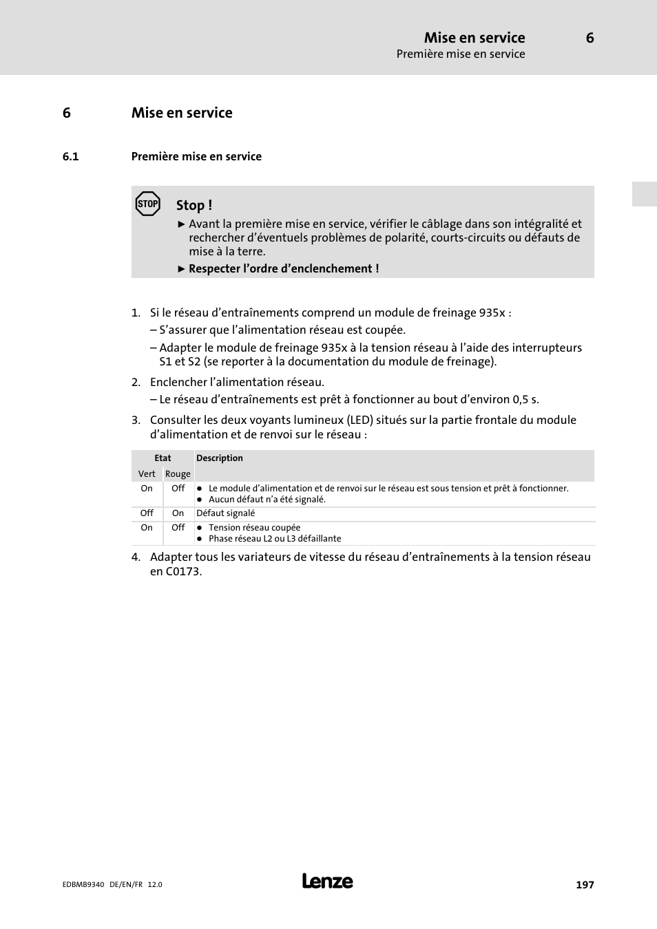 Mise en service, Première mise en service, 1 première mise en service | 6mise en service, Stop | Lenze EMB934x User Manual | Page 197 / 206