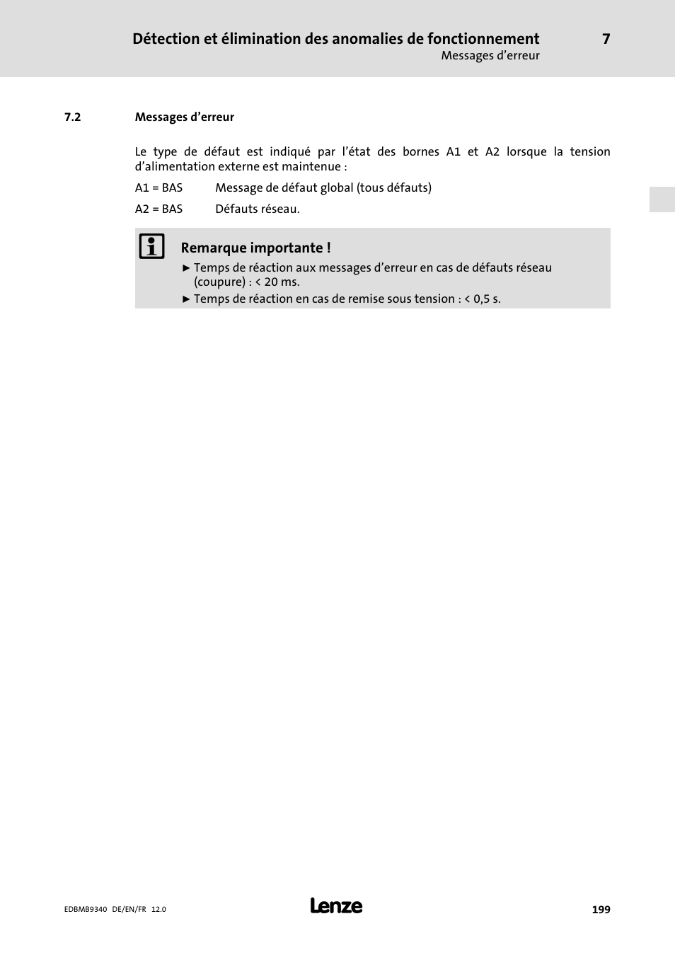 Messages d'erreur, 2 messages d’erreur | Lenze EMB934x User Manual | Page 199 / 206