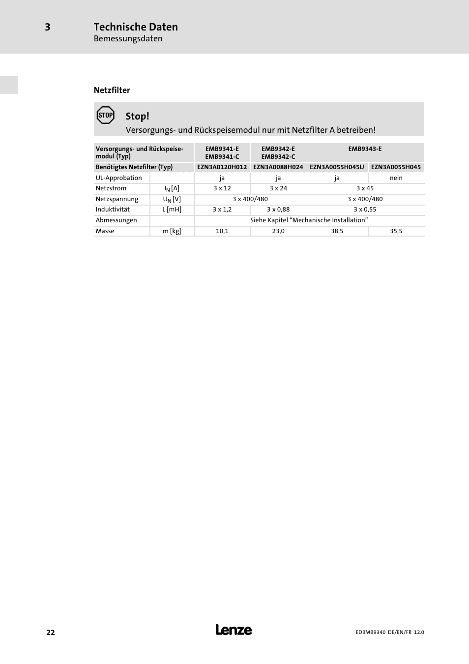 Technische daten, Stop | Lenze EMB934x User Manual | Page 22 / 206