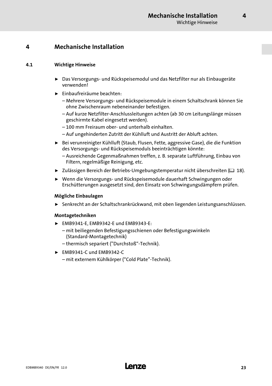 Mechanische installation, Wichtige hinweise, 4mechanische installation | Lenze EMB934x User Manual | Page 23 / 206