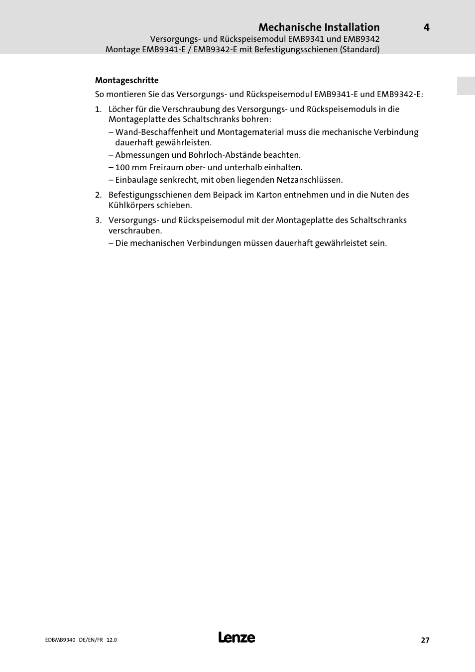 Mechanische installation | Lenze EMB934x User Manual | Page 27 / 206