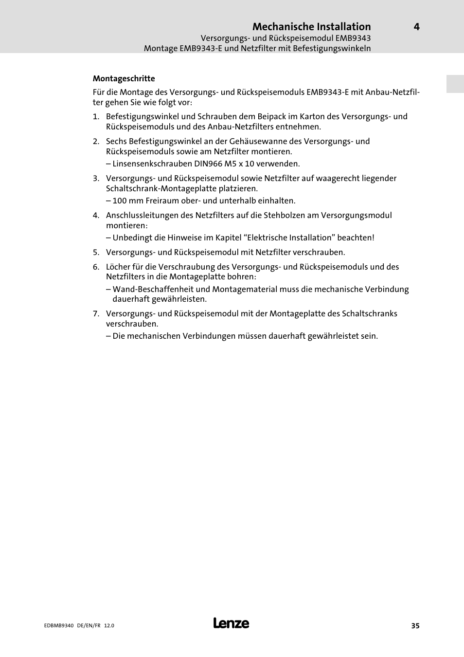 Mechanische installation | Lenze EMB934x User Manual | Page 35 / 206