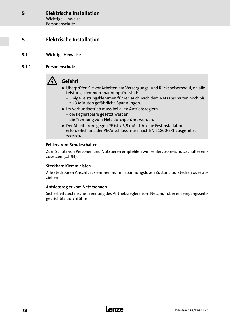 Elektrische installation, Wichtige hinweise, Personenschutz | 5elektrische installation | Lenze EMB934x User Manual | Page 36 / 206
