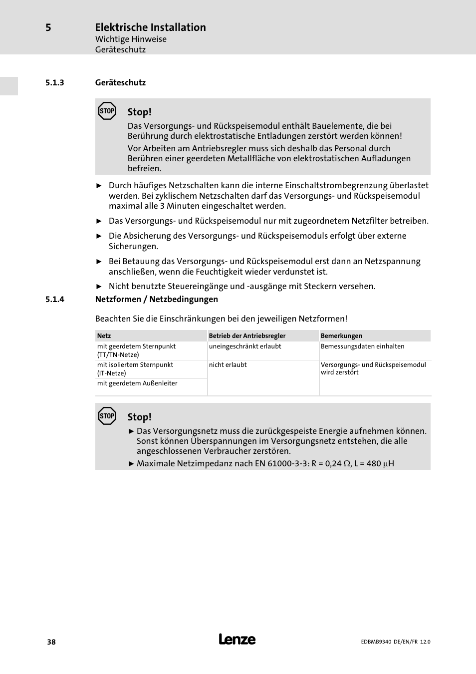 Geräteschutz, Netzformen / netzbedingungen, Elektrische installation | Lenze EMB934x User Manual | Page 38 / 206