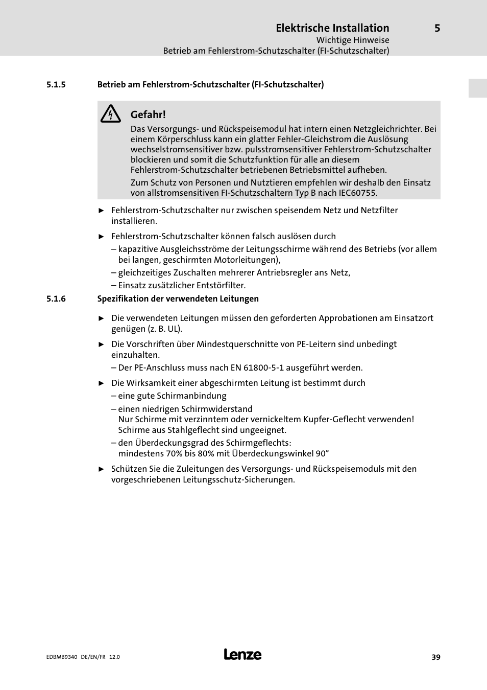 Spezifikation der verwendeten leitungen, Elektrische installation | Lenze EMB934x User Manual | Page 39 / 206
