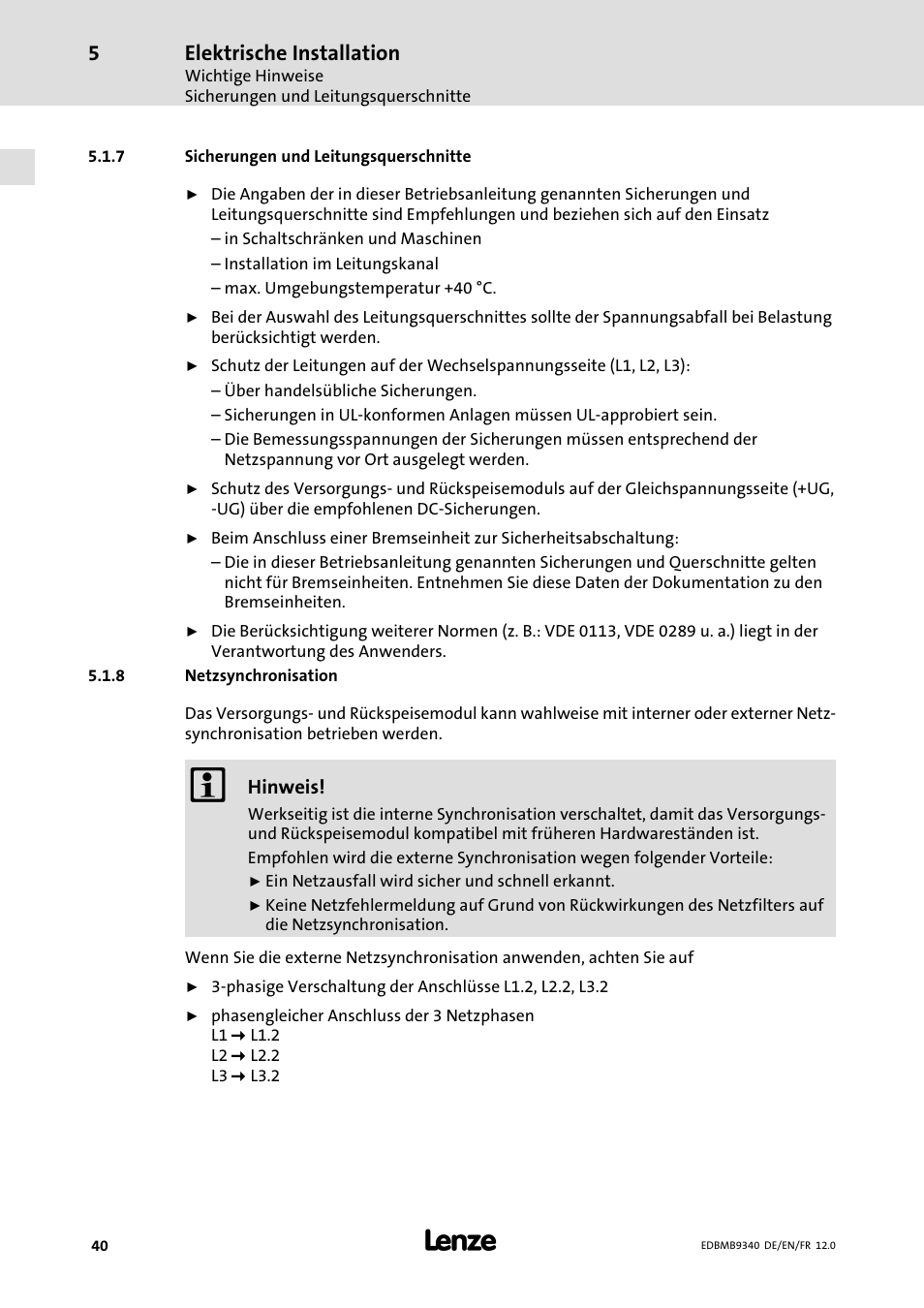 Sicherungen und leitungsquerschnitte, Netzsynchronisation, Elektrische installation | Lenze EMB934x User Manual | Page 40 / 206