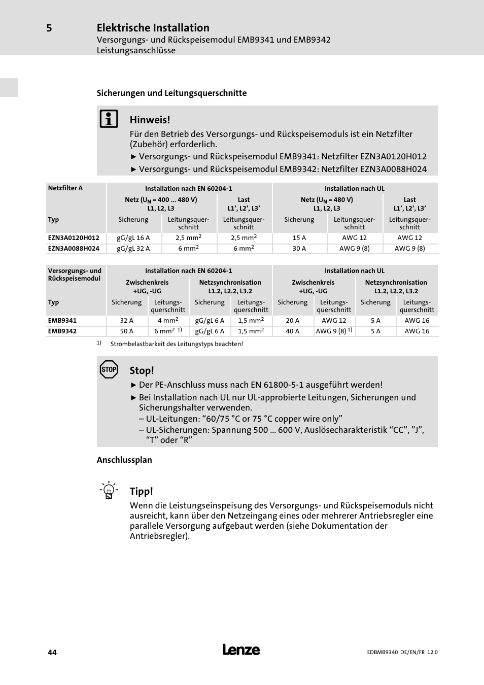 Elektrische installation, Hinweis, Stop | Tipp | Lenze EMB934x User Manual | Page 44 / 206