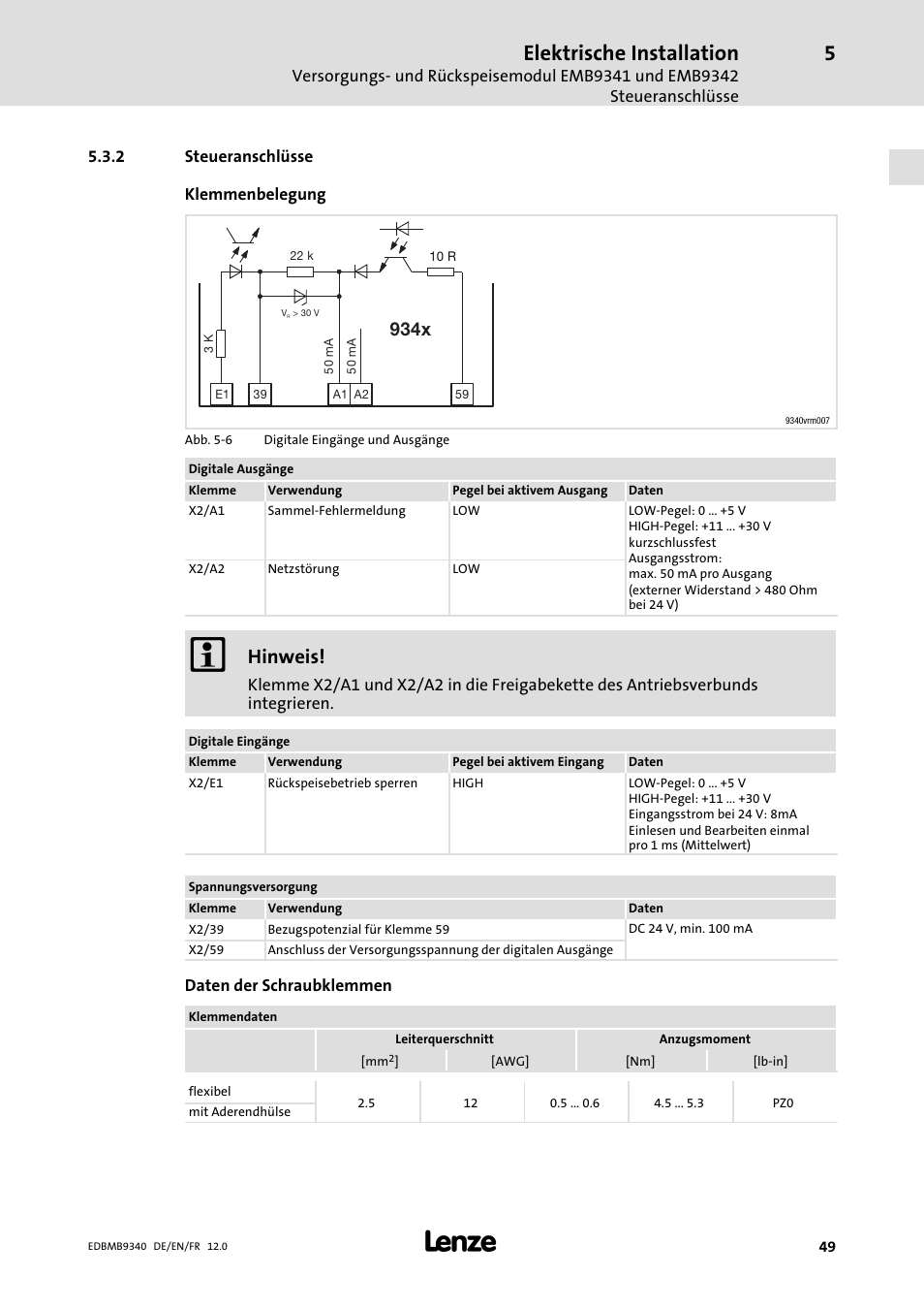 Steueranschlüsse, Elektrische installation, Hinweis | 934x | Lenze EMB934x User Manual | Page 49 / 206