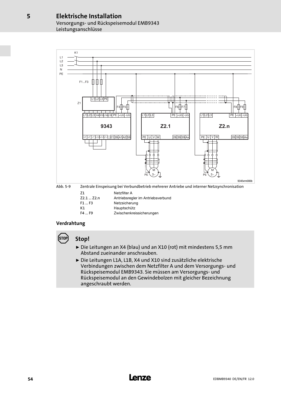 Elektrische installation, Stop, Verdrahtung | Lenze EMB934x User Manual | Page 54 / 206