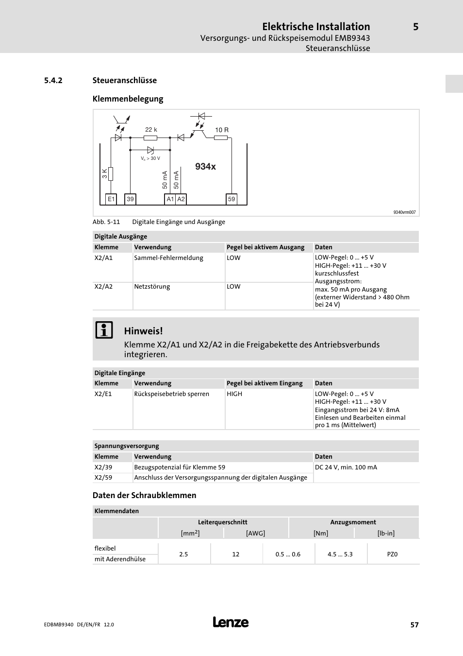 Steueranschlüsse, Elektrische installation, Hinweis | 934x | Lenze EMB934x User Manual | Page 57 / 206