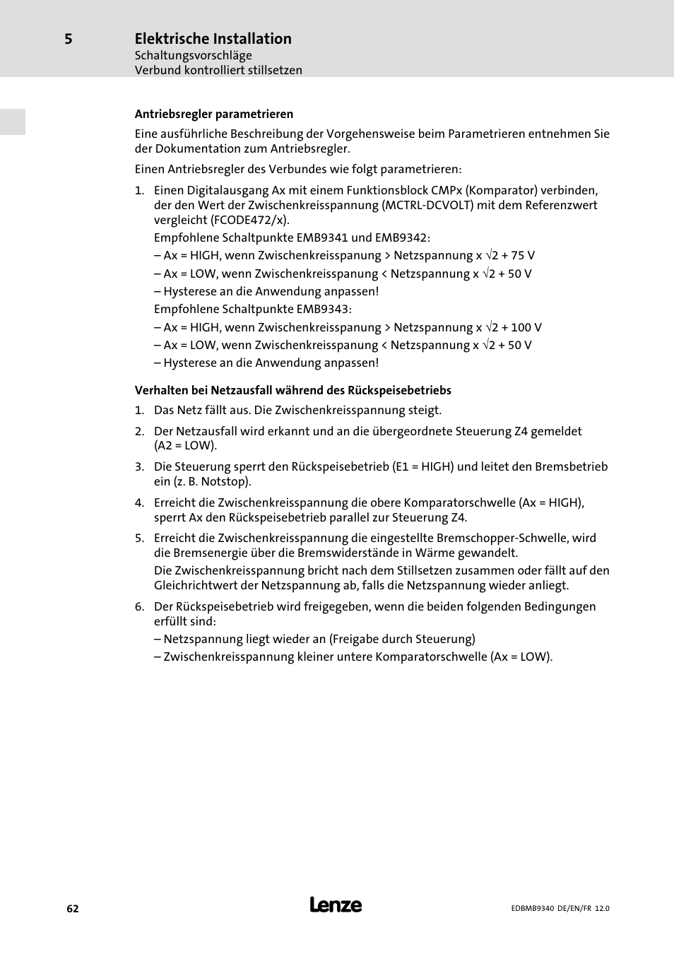 Elektrische installation | Lenze EMB934x User Manual | Page 62 / 206