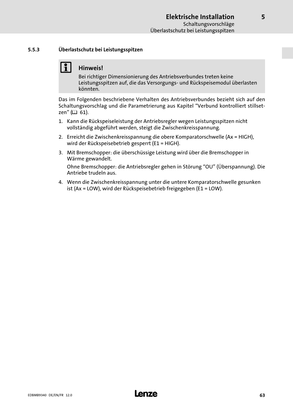 Überlastschutz bei leistungsspitzen | Lenze EMB934x User Manual | Page 63 / 206