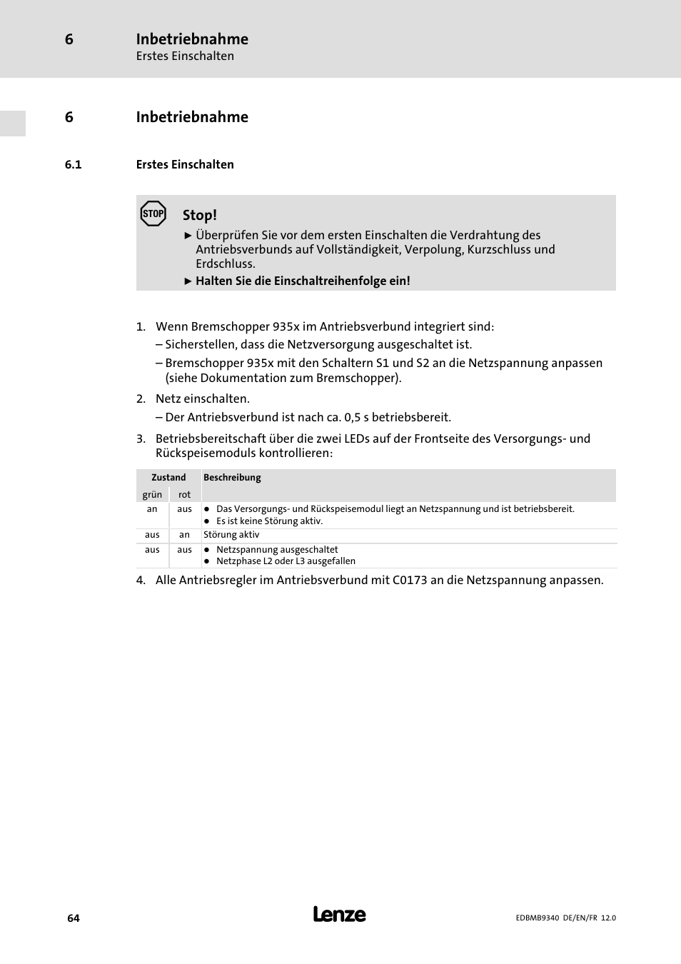 Inbetriebnahme, Erstes einschalten, 6inbetriebnahme | Stop | Lenze EMB934x User Manual | Page 64 / 206