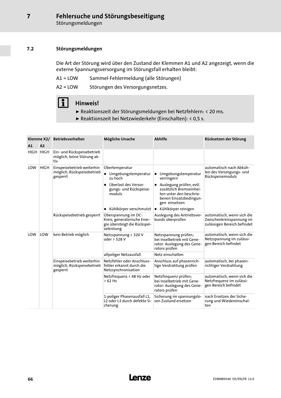 Störungsmeldungen, Fehlersuche und störungsbeseitigung, Hinweis | Lenze EMB934x User Manual | Page 66 / 206