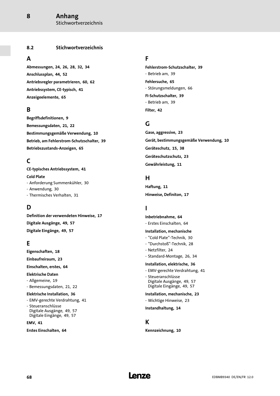 Stichwortverzeichnis, Anhang | Lenze EMB934x User Manual | Page 68 / 206