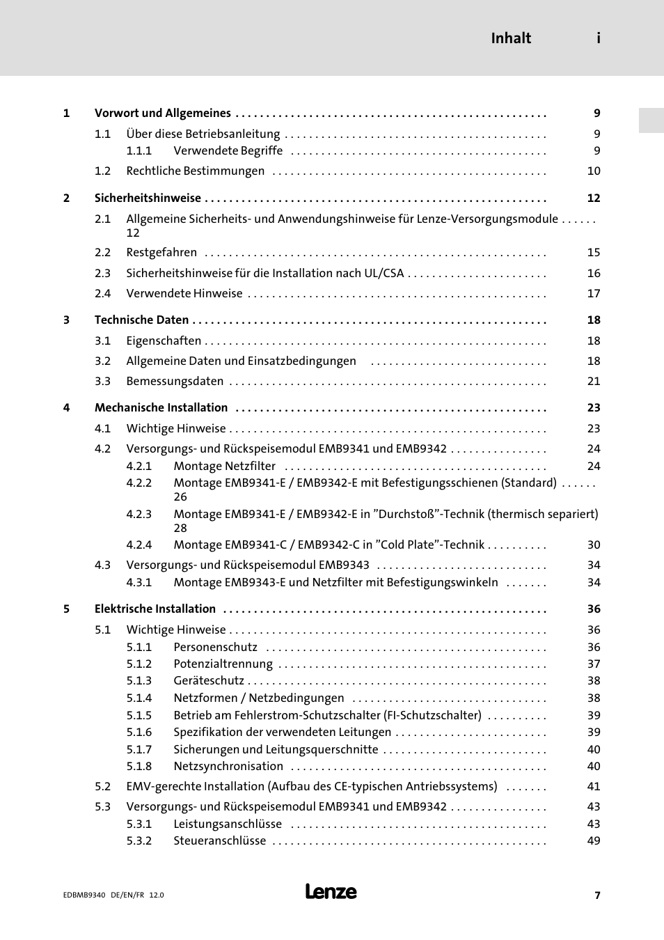 Inhalt i | Lenze EMB934x User Manual | Page 7 / 206