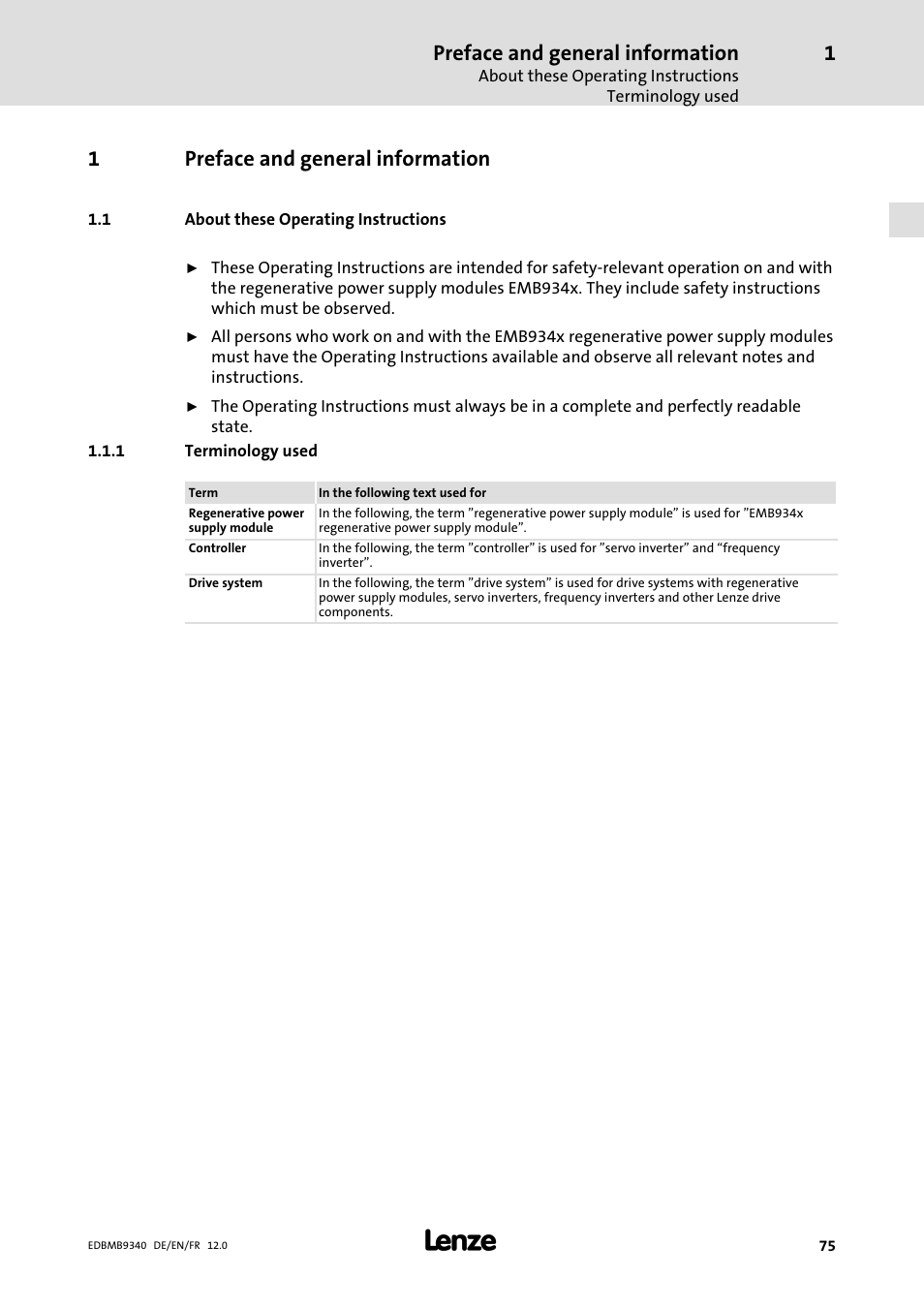 Preface and general information, About these operating instructions, Terminology used | 1preface and general information | Lenze EMB934x User Manual | Page 75 / 206
