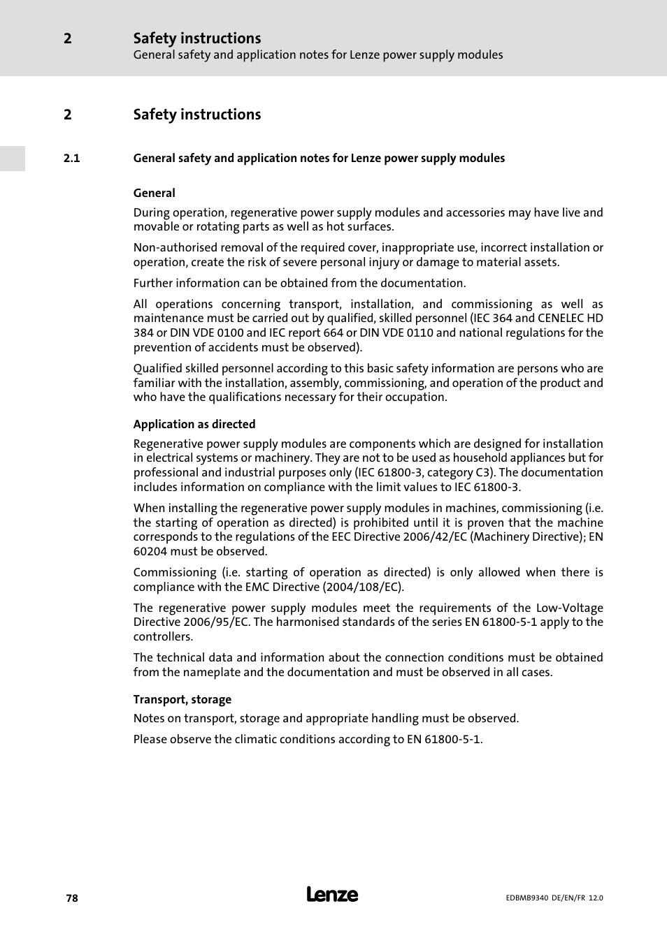 Safety instructions, 2safety instructions | Lenze EMB934x User Manual | Page 78 / 206