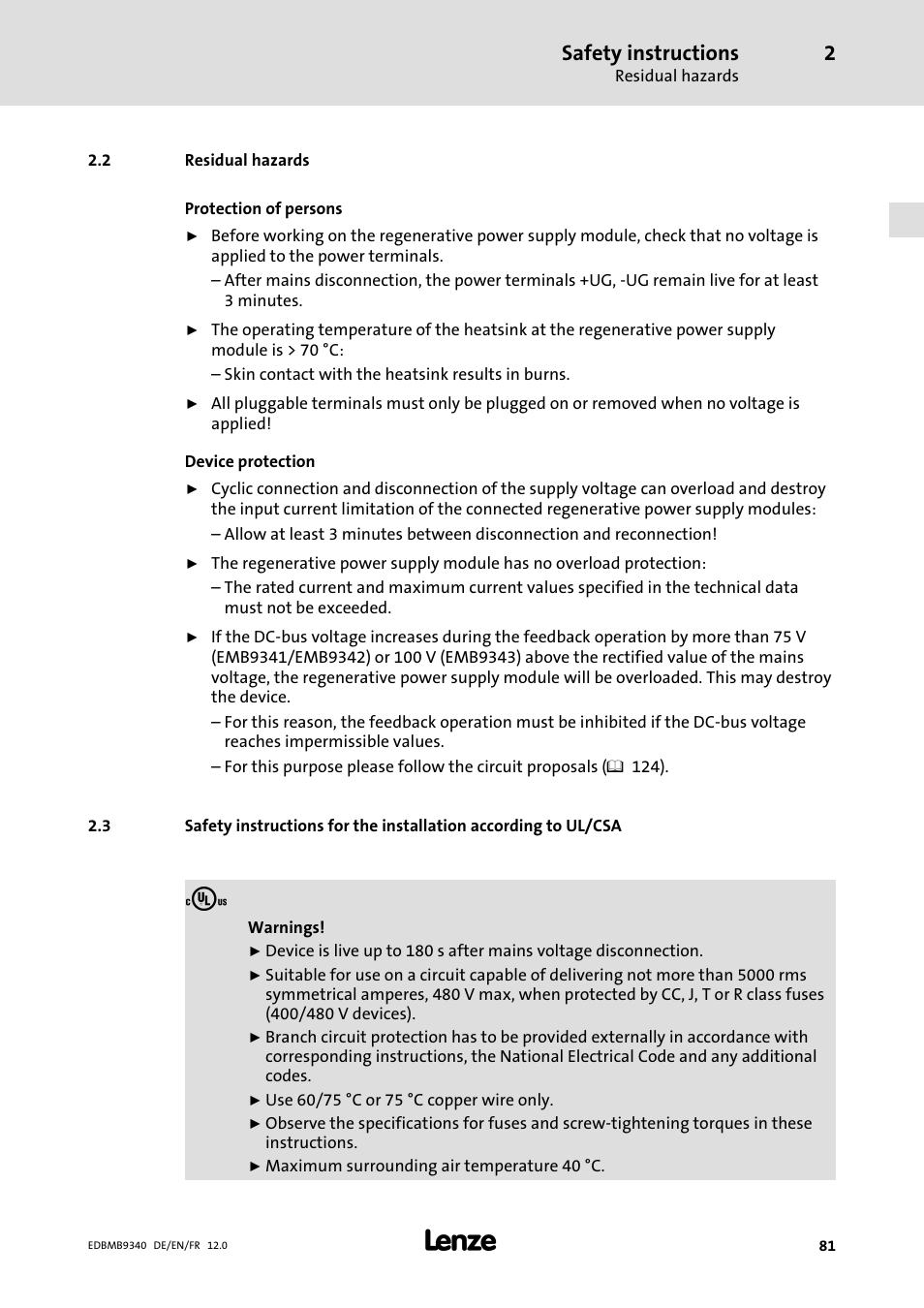 Residual hazards, Safety instructions | Lenze EMB934x User Manual | Page 81 / 206