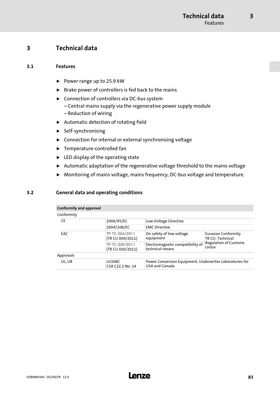 Technical data, Features, General data and operating conditions | 3technical data | Lenze EMB934x User Manual | Page 83 / 206