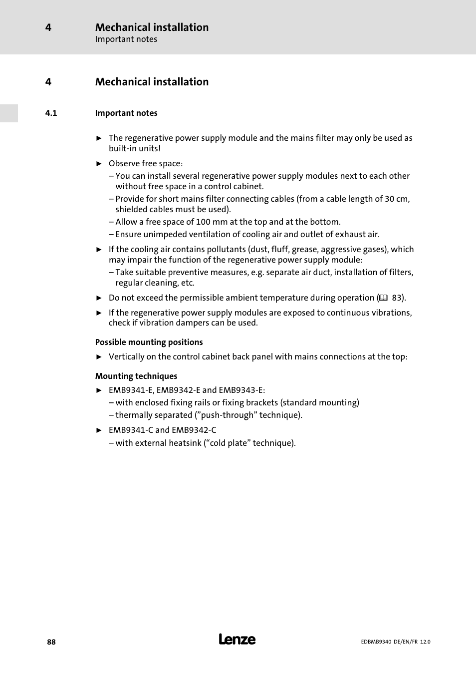 Mechanical installation, Important notes, 4mechanical installation | Lenze EMB934x User Manual | Page 88 / 206