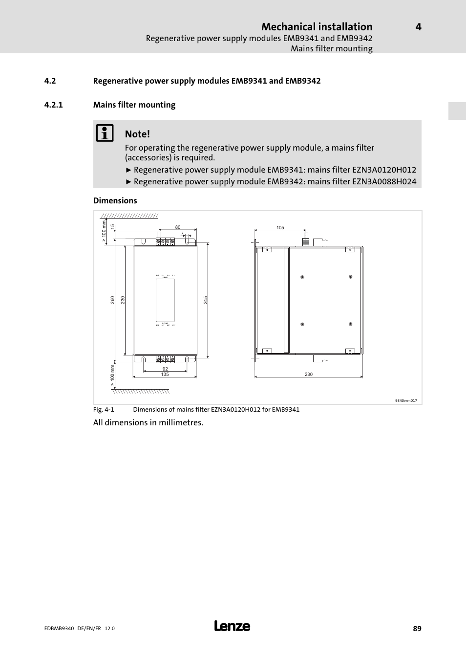 Mains filter mounting, Mechanical installation, All dimensions in millimetres | Lenze EMB934x User Manual | Page 89 / 206