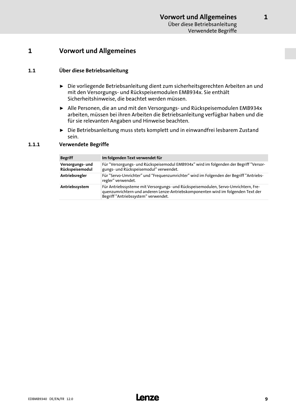 Vorwort und allgemeines, Über diese betriebsanleitung, Verwendete begriffe | 1vorwort und allgemeines | Lenze EMB934x User Manual | Page 9 / 206