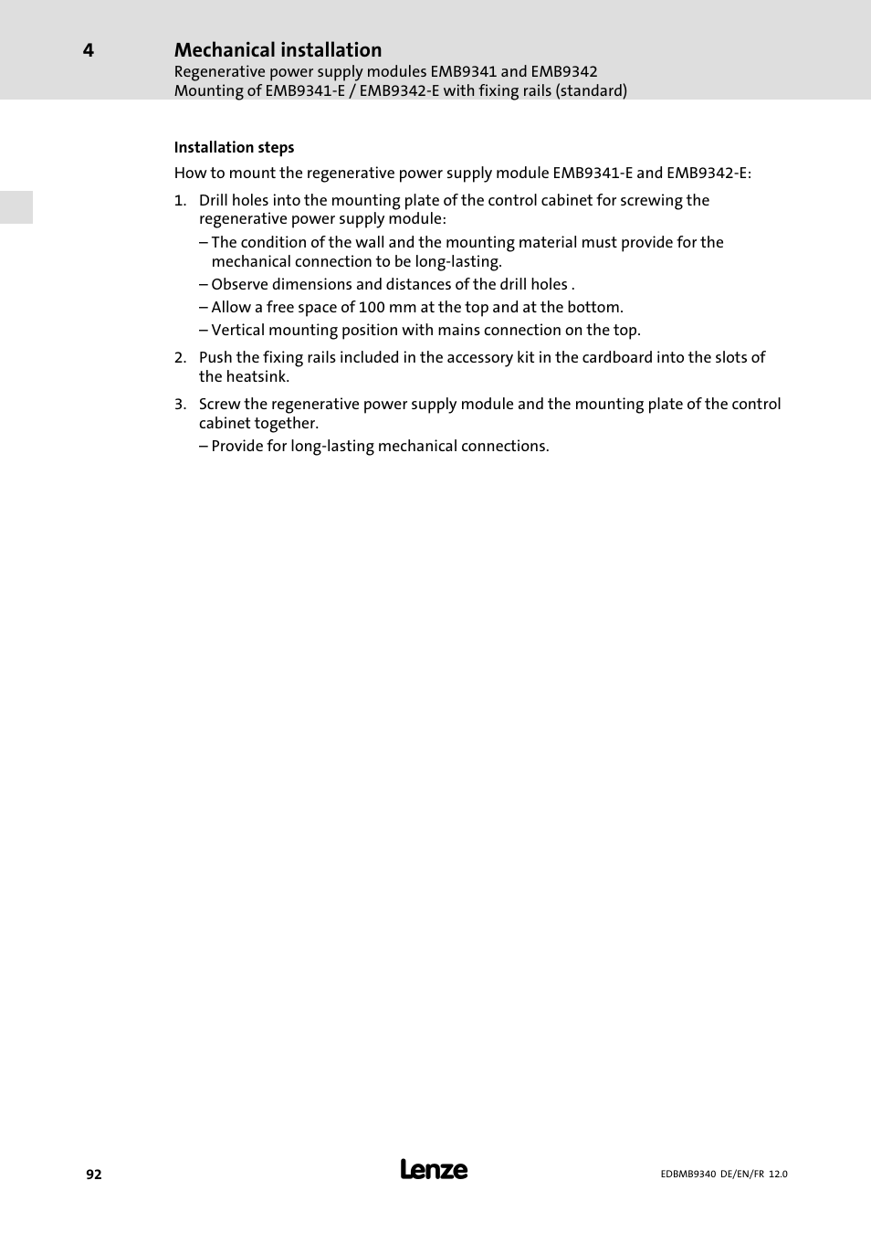 Mechanical installation | Lenze EMB934x User Manual | Page 92 / 206