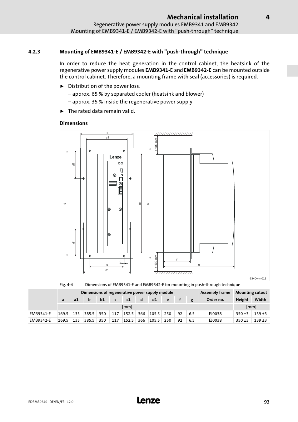 Mechanical installation, The rated data remain valid. dimensions | Lenze EMB934x User Manual | Page 93 / 206