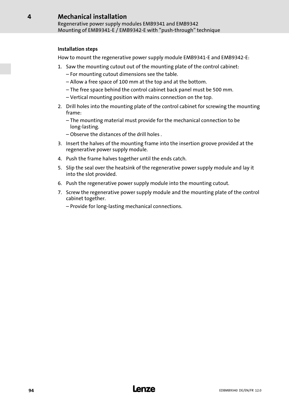 Mechanical installation | Lenze EMB934x User Manual | Page 94 / 206