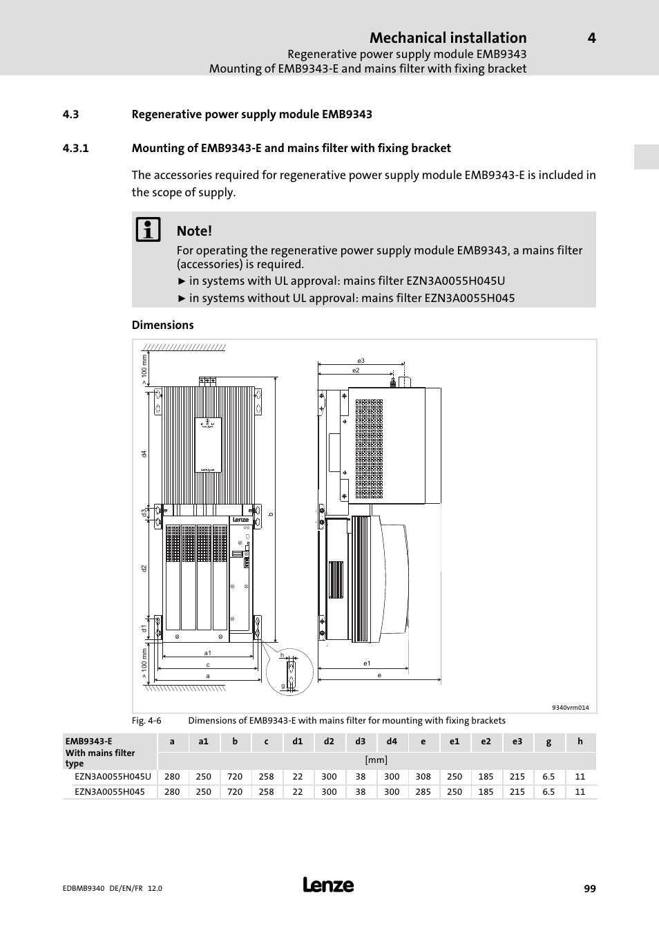 Regenerative power supply module emb9343, Mechanical installation | Lenze EMB934x User Manual | Page 99 / 206