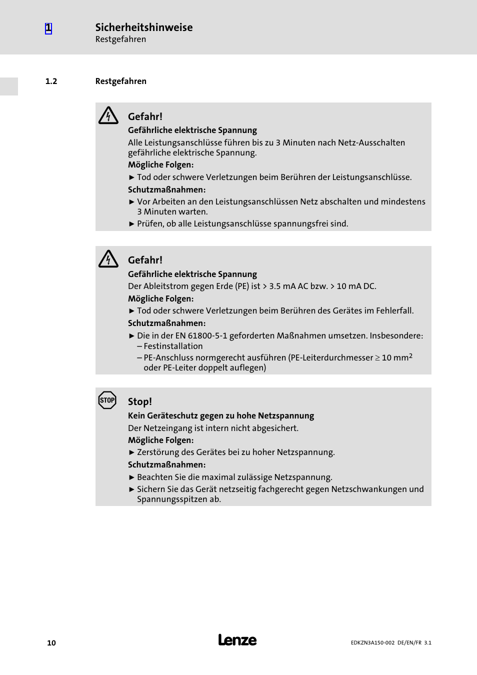 2 restgefahren, Restgefahren | Lenze EZN3A0022H150N002 User Manual | Page 10 / 64