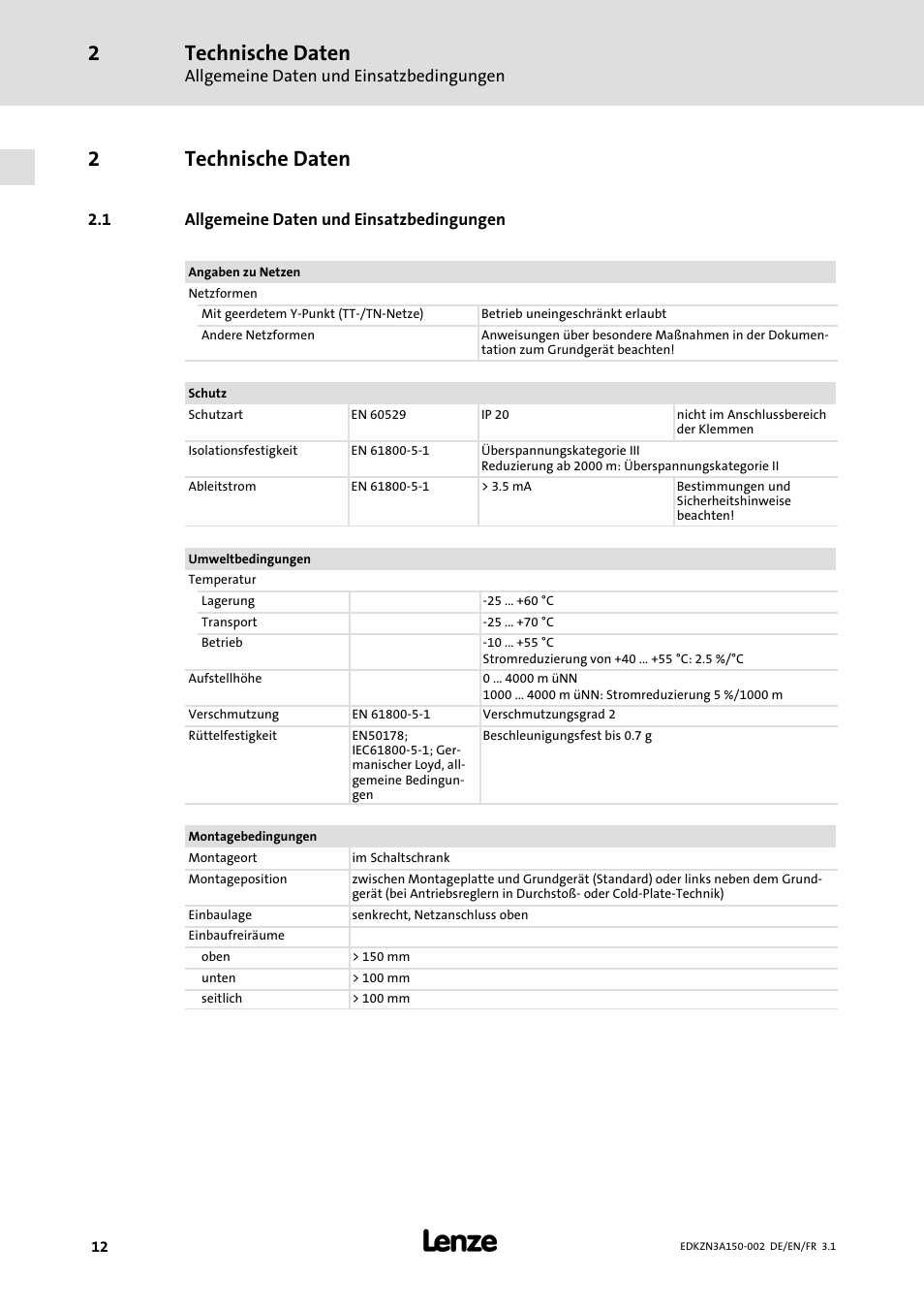 2 technische daten, 1 allgemeine daten und einsatzbedingungen, Technische daten | Allgemeine daten und einsatzbedingungen, 2technische daten | Lenze EZN3A0022H150N002 User Manual | Page 12 / 64