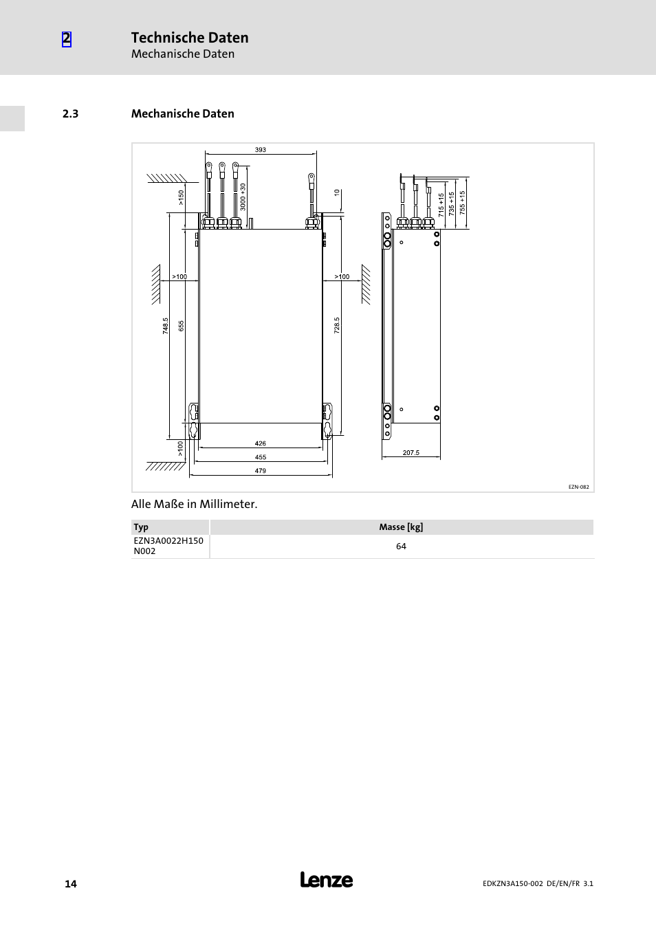 3 mechanische daten, Mechanische daten, Technische daten | Lenze EZN3A0022H150N002 User Manual | Page 14 / 64