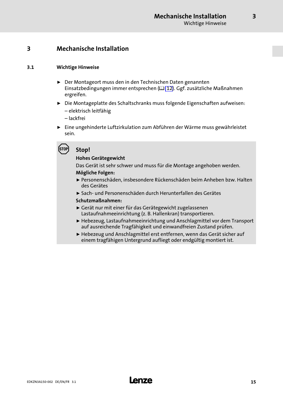3 mechanische installation, 1 wichtige hinweise, Mechanische installation | Wichtige hinweise, 3mechanische installation | Lenze EZN3A0022H150N002 User Manual | Page 15 / 64