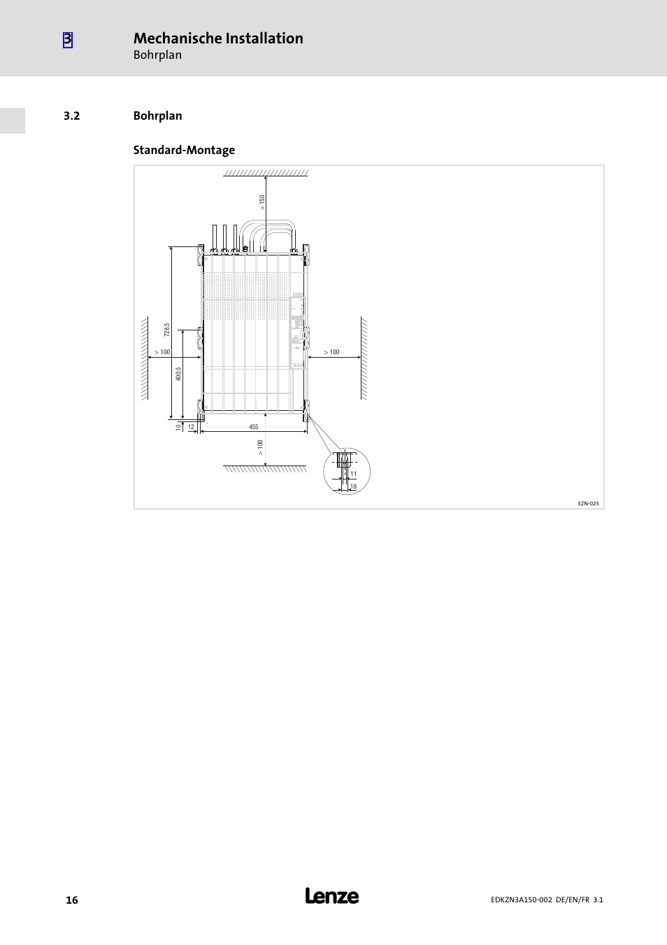 2 bohrplan, Bohrplan, Mechanische installation | 2 bohrplan standard−montage | Lenze EZN3A0022H150N002 User Manual | Page 16 / 64
