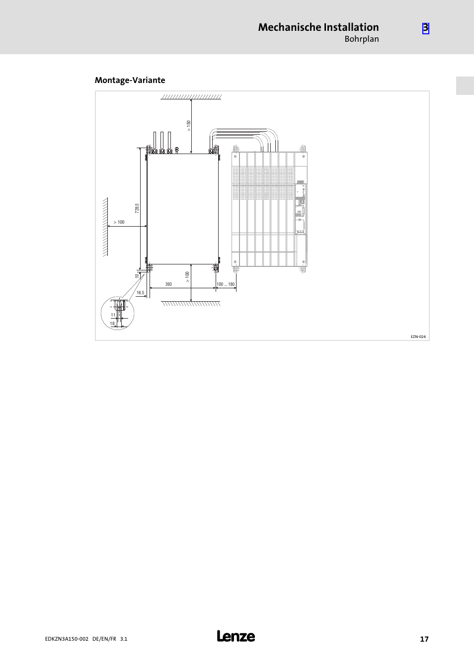 Mechanische installation, Bohrplan, Montage−variante | Lenze EZN3A0022H150N002 User Manual | Page 17 / 64