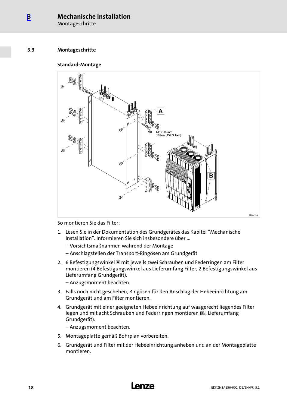3 montageschritte, Montageschritte, Mechanische installation | Lenze EZN3A0022H150N002 User Manual | Page 18 / 64
