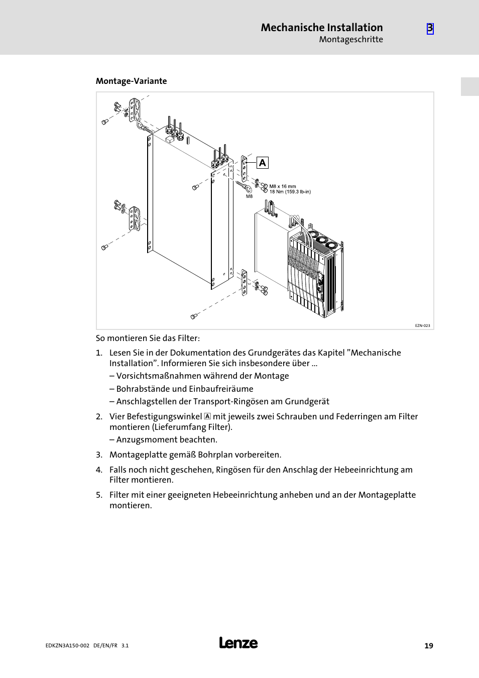 Mechanische installation | Lenze EZN3A0022H150N002 User Manual | Page 19 / 64