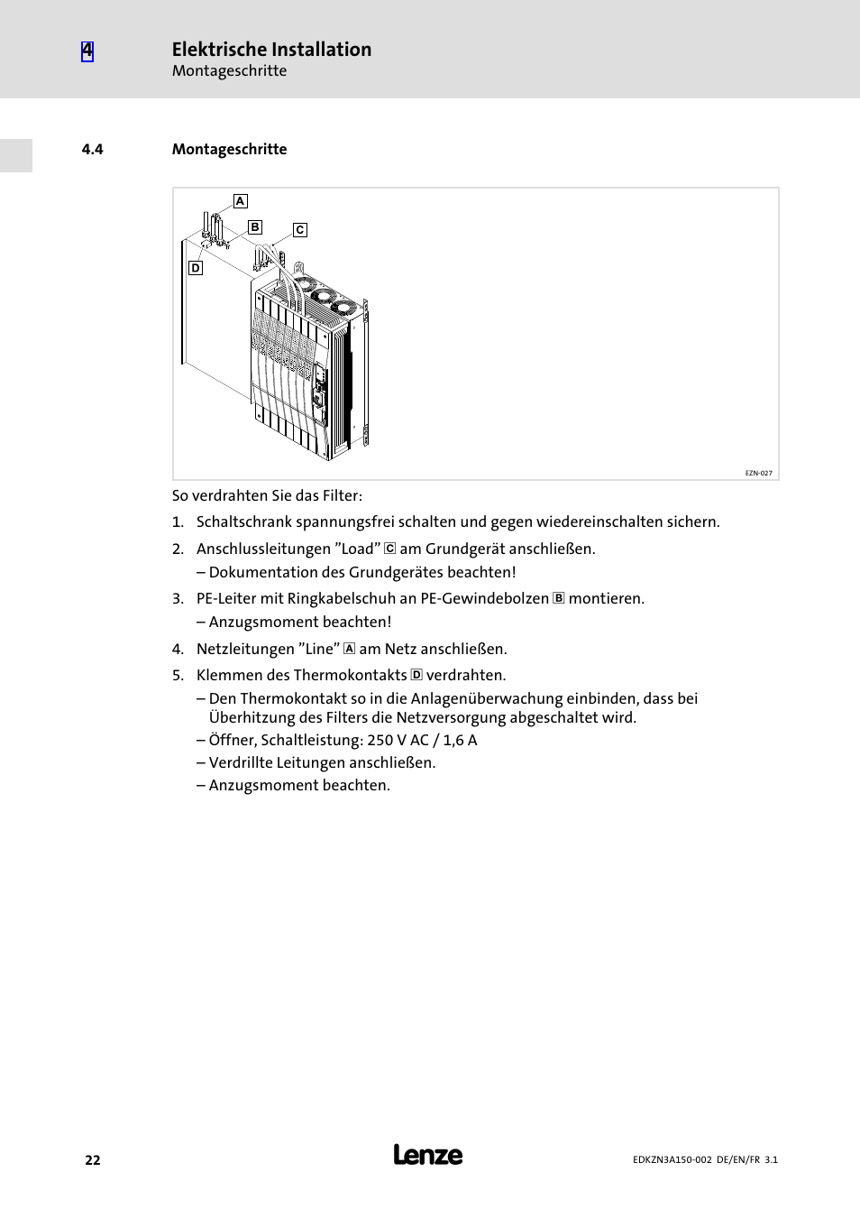 4 montageschritte, Montageschritte, Elektrische installation | Lenze EZN3A0022H150N002 User Manual | Page 22 / 64