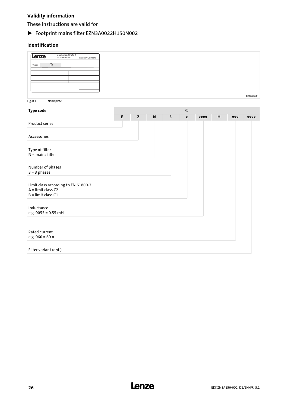 Validity information | Lenze EZN3A0022H150N002 User Manual | Page 26 / 64