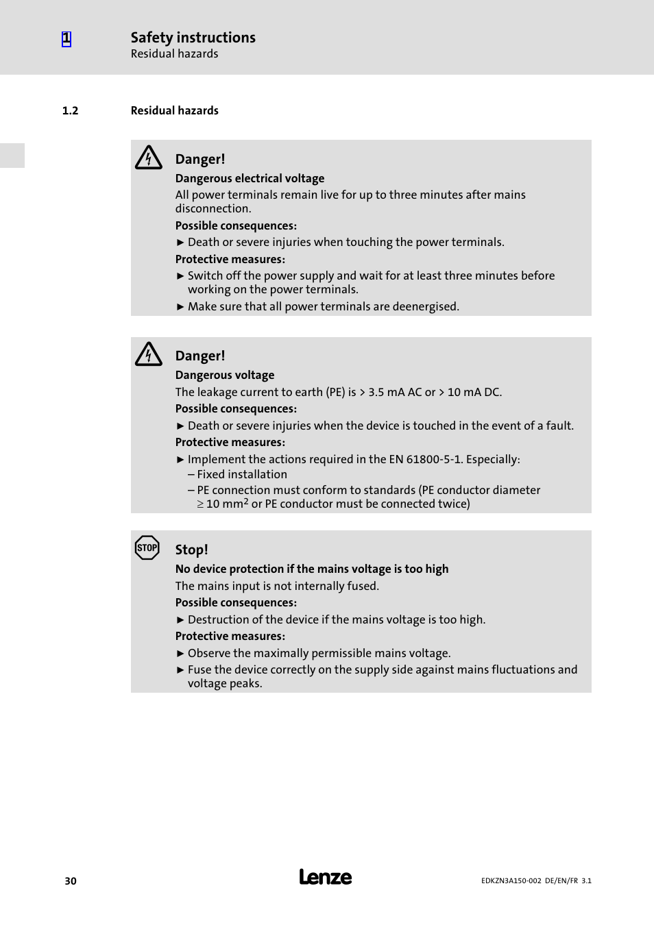 2 residual hazards, Residual hazards | Lenze EZN3A0022H150N002 User Manual | Page 30 / 64