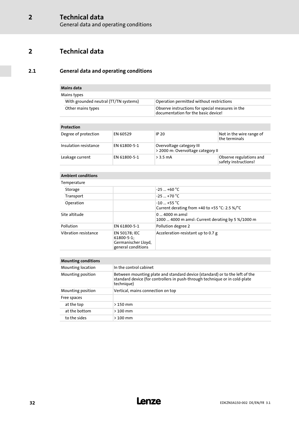2 technical data, 1 general data and operating conditions, Technical data | General data and operating conditions, 2technical data | Lenze EZN3A0022H150N002 User Manual | Page 32 / 64