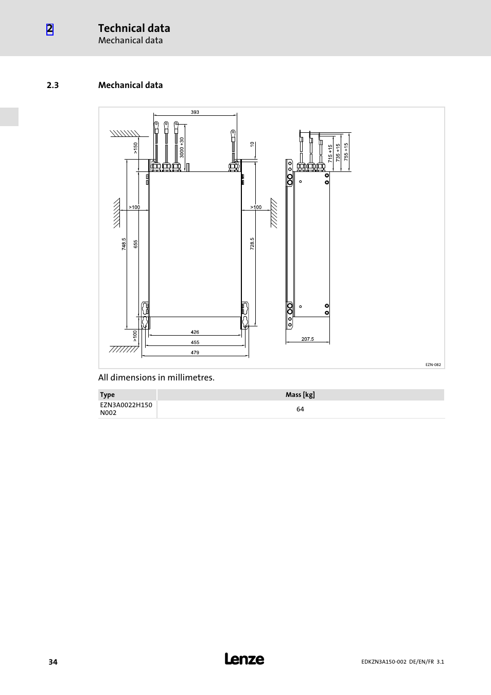 3 mechanical data, Mechanical data, Technical data | Lenze EZN3A0022H150N002 User Manual | Page 34 / 64