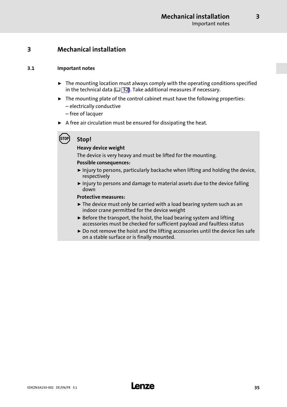 3 mechanical installation, 1 important notes, Mechanical installation | Important notes, 3mechanical installation | Lenze EZN3A0022H150N002 User Manual | Page 35 / 64